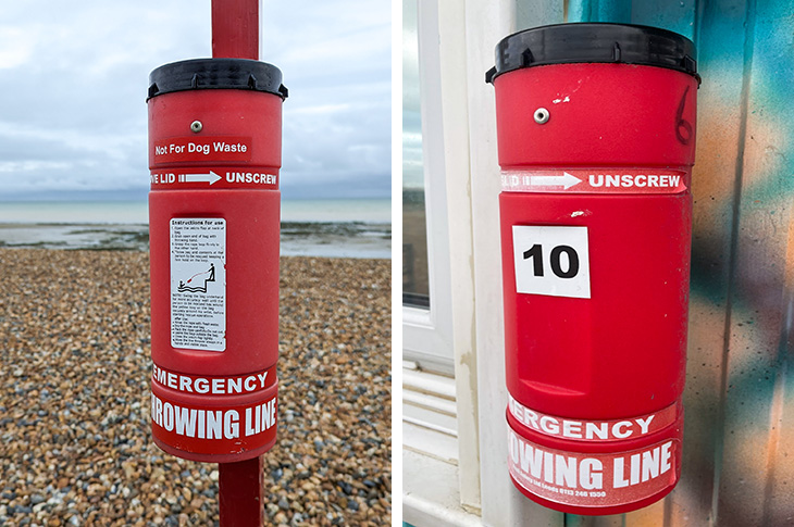 Throwlines - on a pole on the beach, and on the side of the Coastal Office building on Worthing promenade