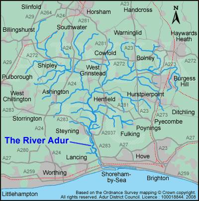 River Adur - map showing route from its sources to the sea