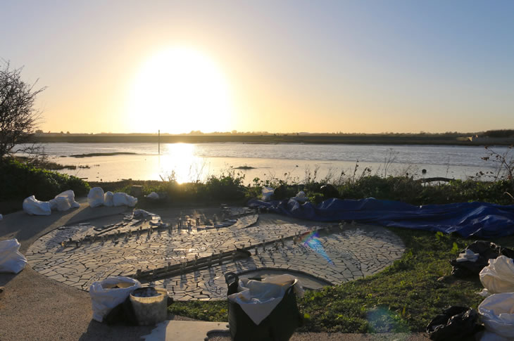 Sunset falls over installed base for the Shoreham Airshow Memorial site on the east bank of the River Adur