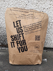 Garden waste sack with the Adur & Worthing Council logo on it