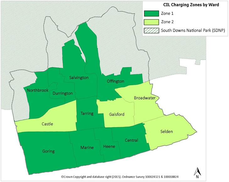 Worthing CIL charging rates by zone (map)