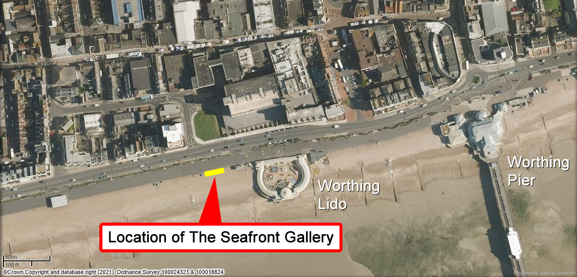 Location of the Seafront Gallery on Worthing seafront (just to the west of The Lido)