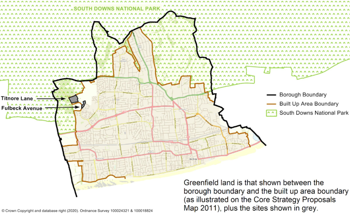 Map showing greenfield land in Worthing