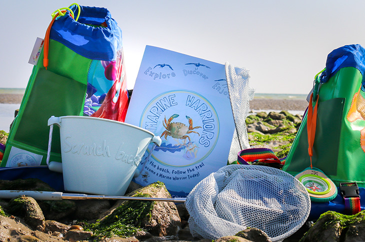 PR21-150 - Marine Warrior backpack & contents (compass, magnifying glass, crabbing net, bucket and spade)