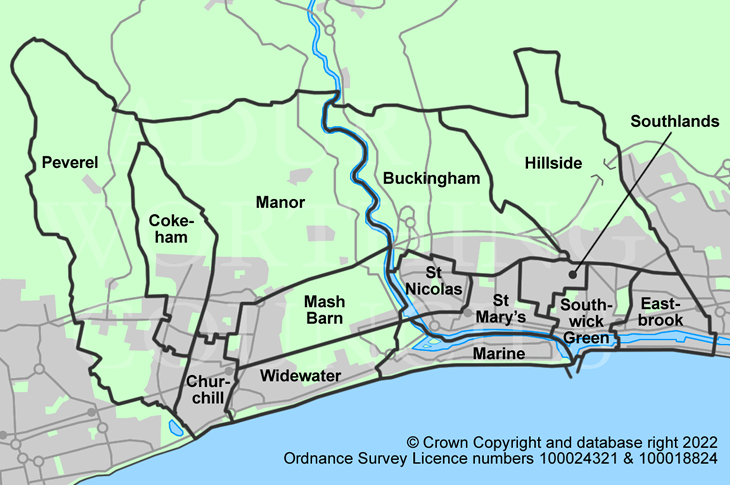 Map of wards in Adur