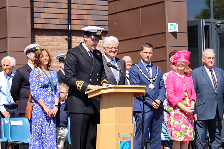 Commanding Officer Lieutenant Commander, Andrew Platt, speaking at the event marking the return of the scroll