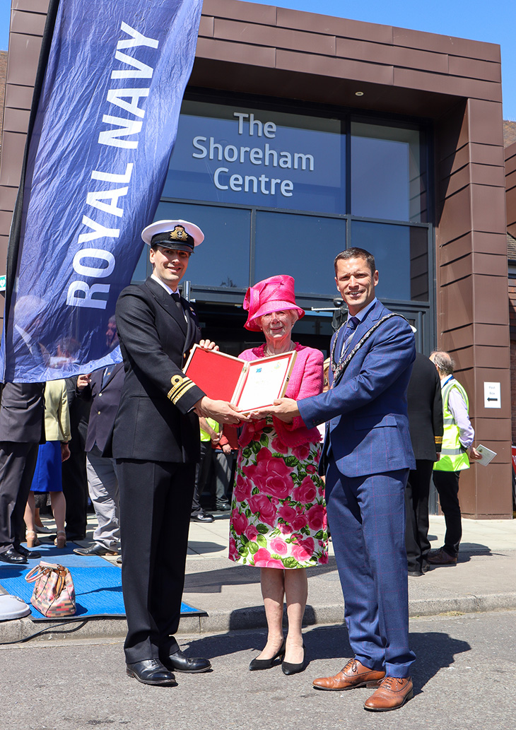 Andrew Platt, Lady Nicola Perowne and Cllr Stephen Chipp with the scroll