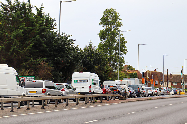 Traffic queueing on the A27 (westbound) at Lyons Farm in Worthing