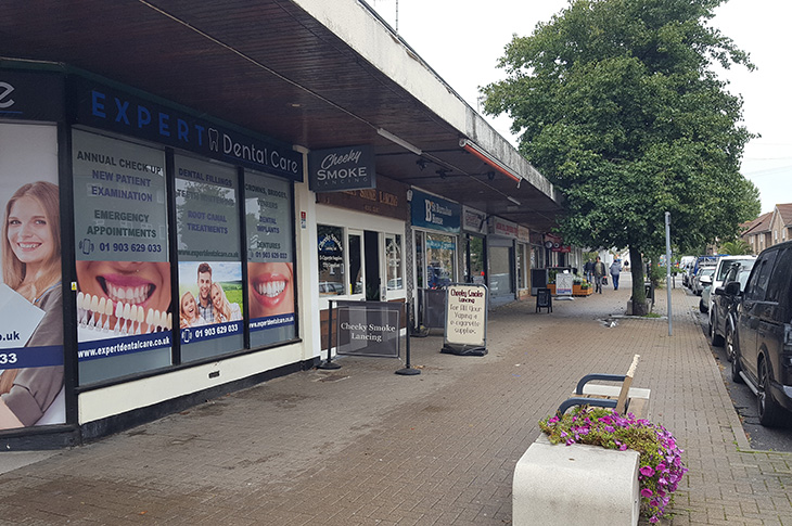 Lancing - shops in North Road (Queen's Parade, close up)