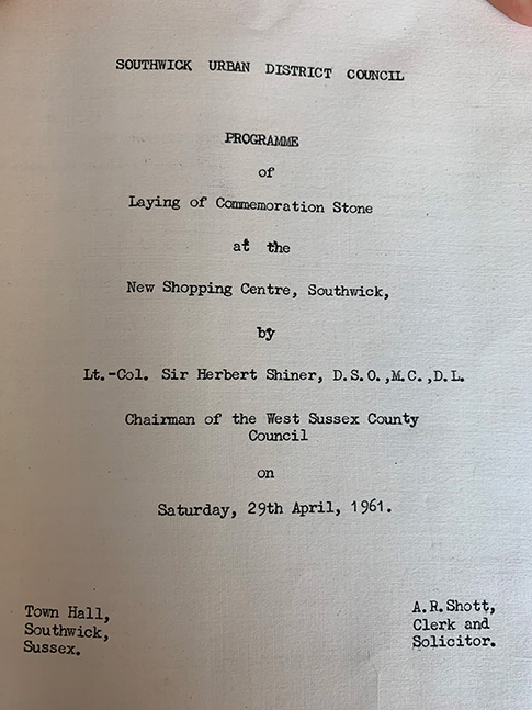 PR23-070 - Programme for laying a commemorative stone at the new Southwick shopping centre - 29th April 1961