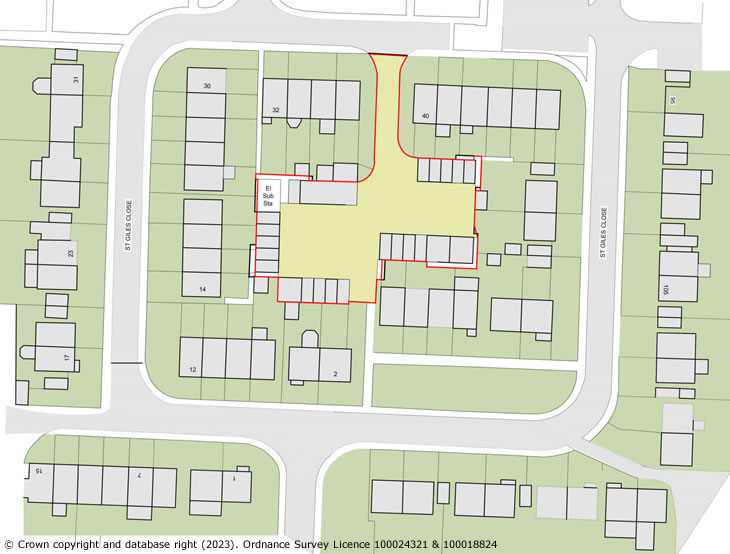 St Giles Close, Shoreham-by-Sea - site plan - showing the old garages