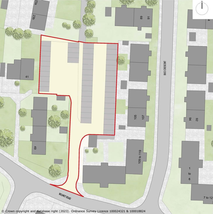 Wilmot Road, Shoreham-by-Sea - site plan - showing the old garages