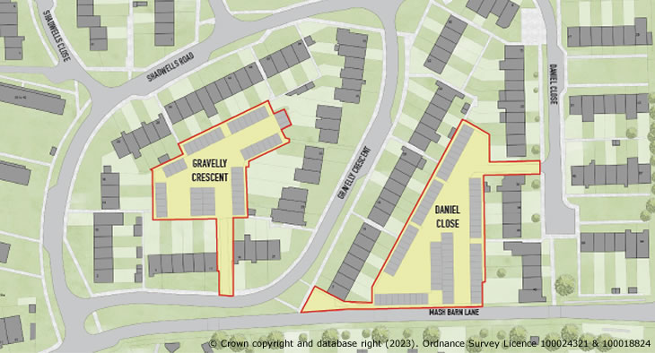 Daniel Close and Gravelly Crescent, Lancing - site plan - showing the old garages