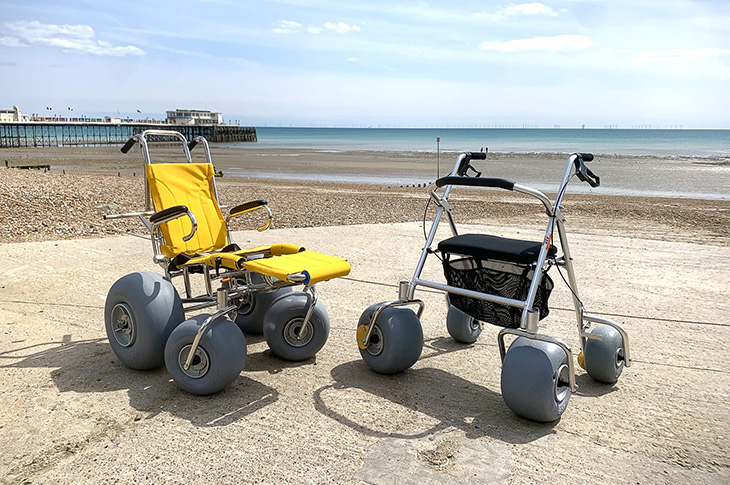 The child's beach wheelchair and all-terrain rollator pictured on Worthing Beach