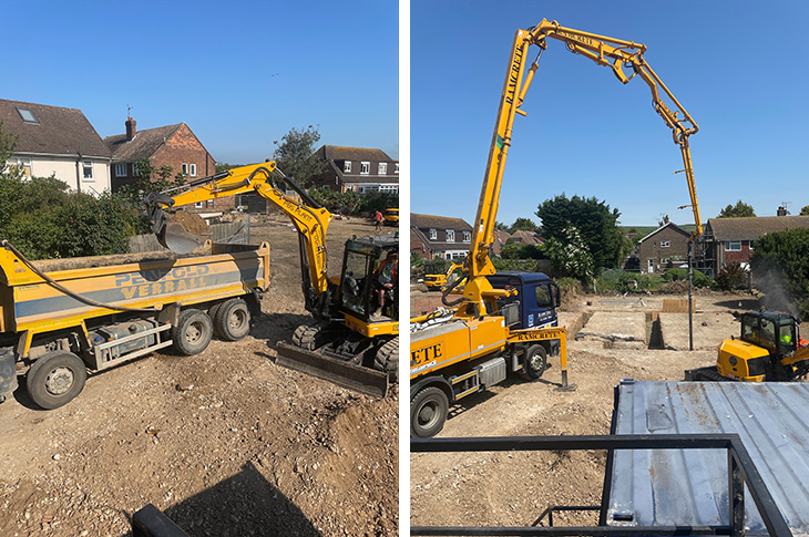 Wilmot Road, Shoreham-by-Sea - loading a lorry, and pouring concrete foundations