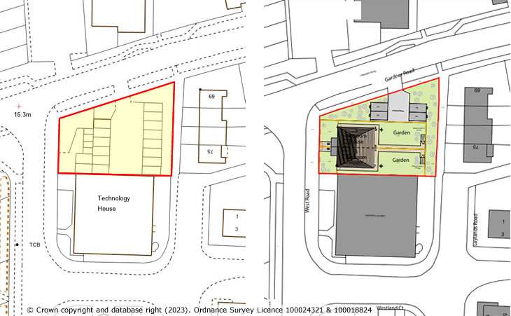 Gardner Road, Fishersgate - site plan - showing the old garage compound (left) and the proposed layout (right)