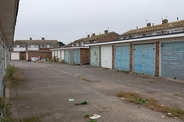 Garages at Gravelly Crescent (on the Mash Barn estate in Lancing)