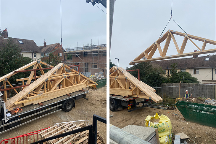 Wilmot Road, Shoreham-by-Sea - roof trusses being delivered to site and lifted into place (1)