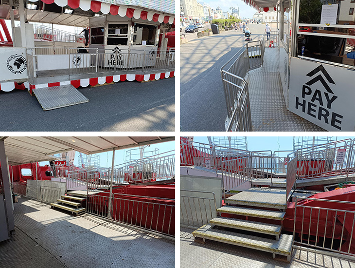 Access route to the observation wheel from the promenade, past the ticket office, round to the steps up to the gondolas
