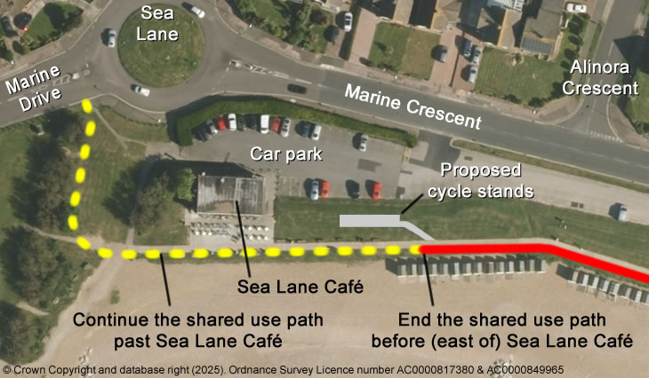 Goring shared use path end options - before or after Sea Lane Café