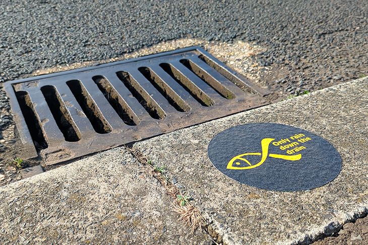Yellow fish campaign - a sticker by a drain (sticker on the pavement kerb)
