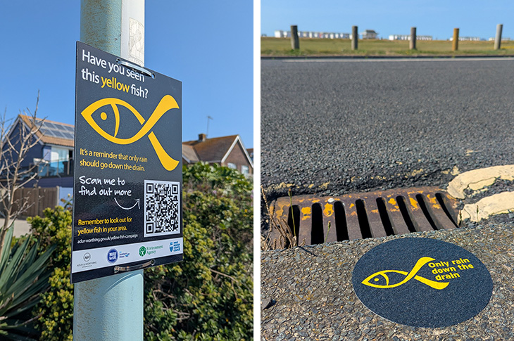 Yellow fish campaign - sign on a lamppost and a sticker by a drain