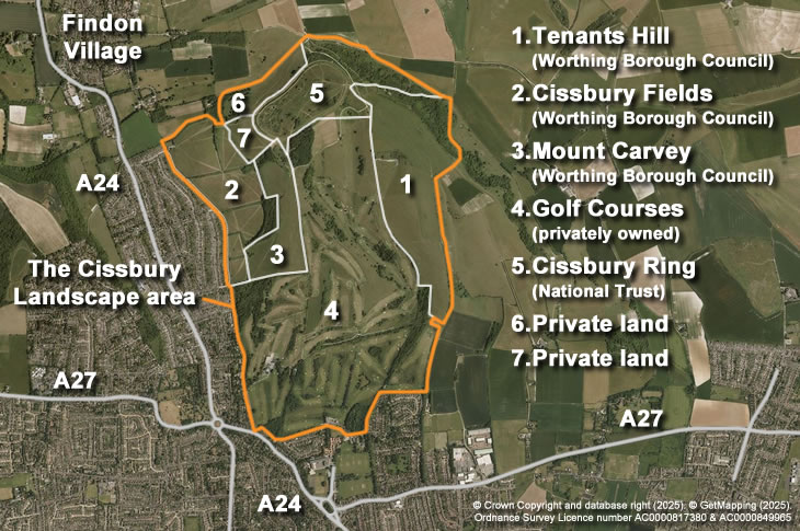 Tenants-Hill-Cissbury-Fields-Cissbury-Ring - The Cissbury Landscape area - white outlines - 730x485px