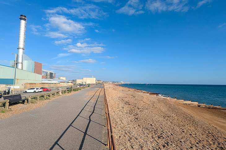 Southwick Beach - looking east from Carats Café past Shoreham Power Station