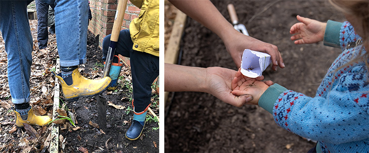 Children planting trees and sowing seeds at the Apron Community Garden, Buckingham Park, Shoreham-by-Sea