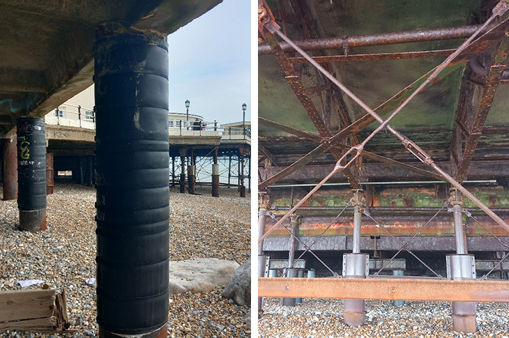 Worthing Pier - the supporting legs, tie bars and bull bars under the pier
