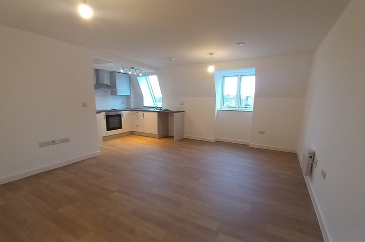 Victoria Road, Worthing - Tempest Court, kitchen and living area in one of the flats (Jan 2026)