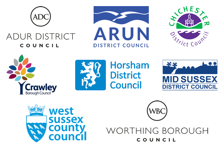 Council logos of West Sussex (Adur, Arun, Chichester, Crawley, Horsham, Mid Sussex, West Sussex County & Worthing) white