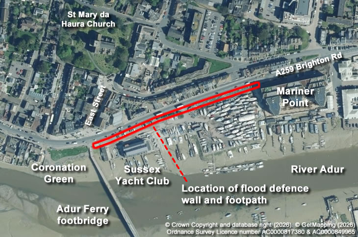 Location of proposed flood defence wall and footpath adjacent to edge of A259 Brighton Road