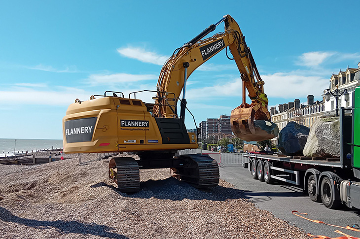 Worthing beach - rocks being delivered to the beach (1)