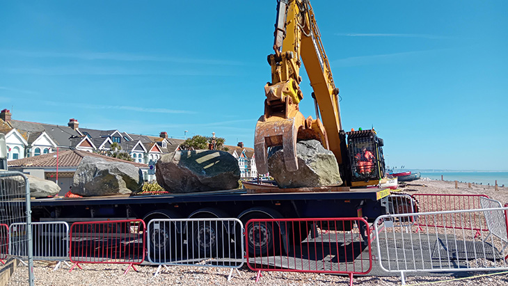 Worthing beach - rocks being delivered to the beach (3)