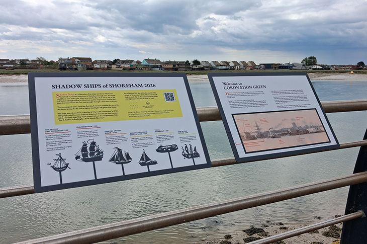 Project information boards about the six Shadow Ships at Coronation Green, Shoreham