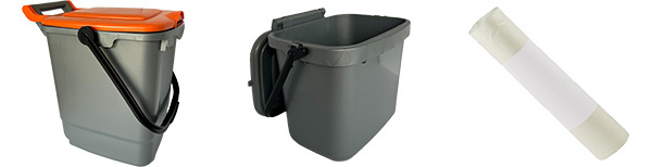 Food waste - house starter kit - a 23-litre caddy, a5-litre caddy and a roll of bin liners (600px)