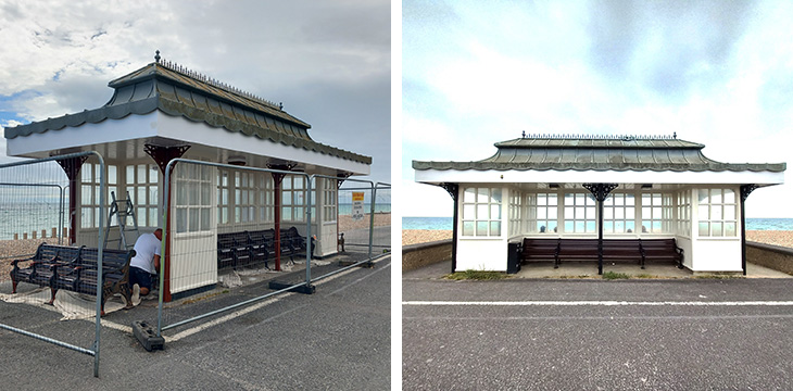 Thorn Road shelter being painted (left) and the refurbished Marine Gardens shelter (right)