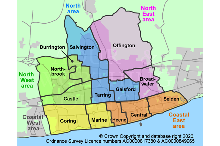 Connected Communities Grant areas in Worthing showing which wards are in which area