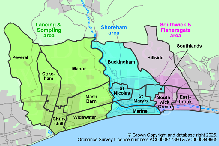 Connected Communities Grant areas in Adur showing which wards are in which area
