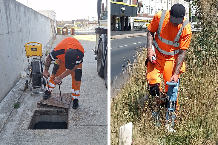 Shoreham flood defences - contractors inspecting the silt build up in drains, and scanning the ground