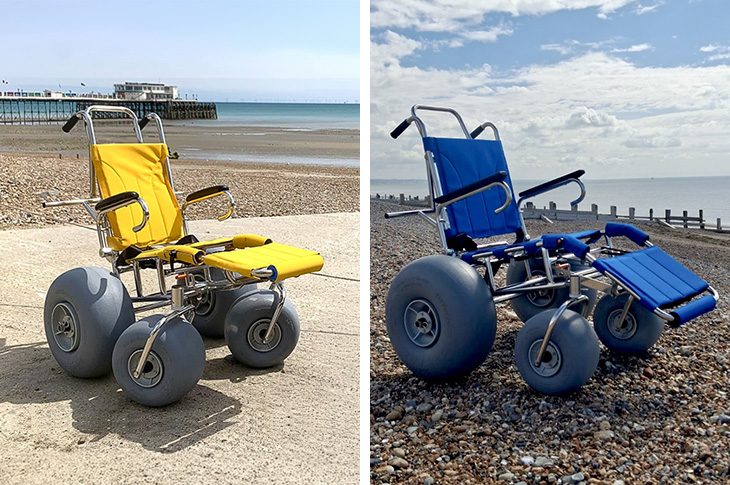 The beach wheelchairs for children (left/yellow) and adults (right/blue) pictured on Worthing Beach