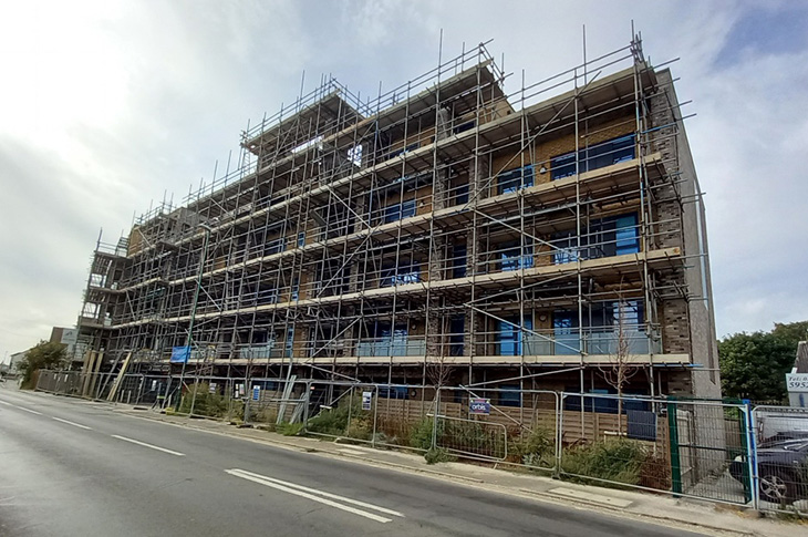 Albion Street - scaffolding back up on the building, August 2026 (angled photo)