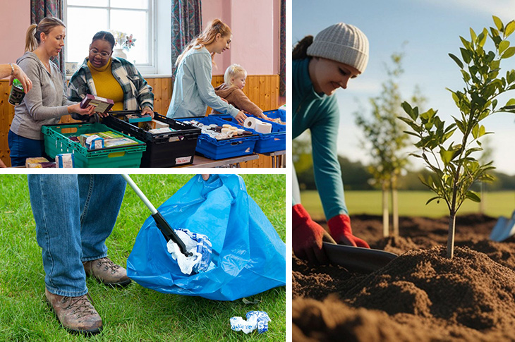 Volunteering - Foodbank - Litter pick - Tree planting (images from Canva)