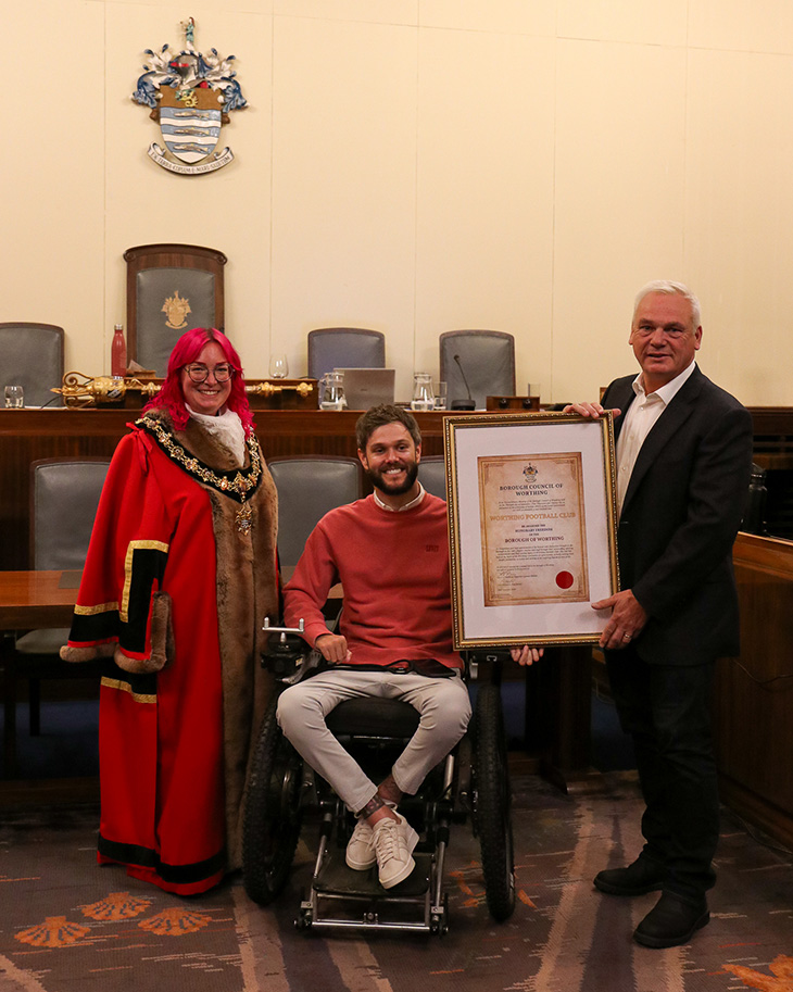 PR26-088 - Worthing Mayor, Cllr Lysanne Skinner, with George Dowell, WFC owner, and Barry Hunter, WFC club chairman