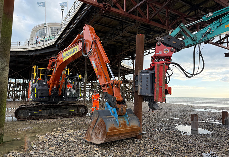 Worthing Pier - driving the four 12m-long piles into the beach (1)