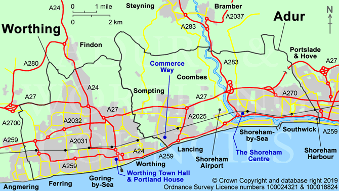 Map of Adur & Worthing main routes