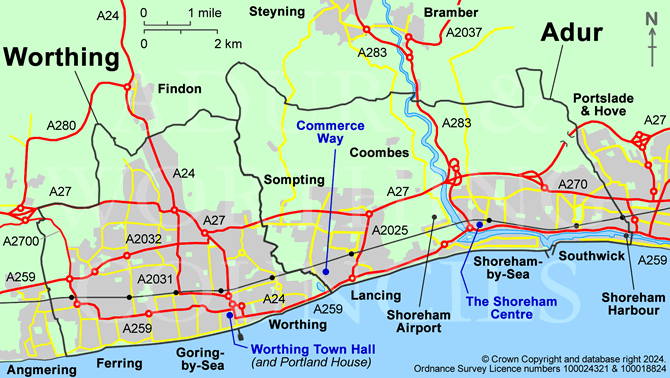 Map of Adur & Worthing main routes