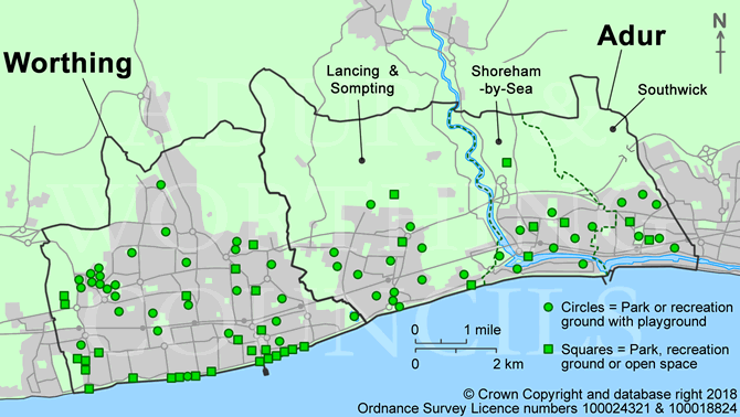 Map of parks in Adur and Worthing - click on a park for details