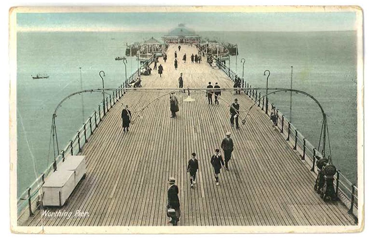 Worthing Pier - hand-coloured high level view down the length of the pier